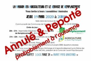 Annulation AG du Service de Remplacement et de la Maison Des Agriculteurs initialement prévues le jeudi 19 mars