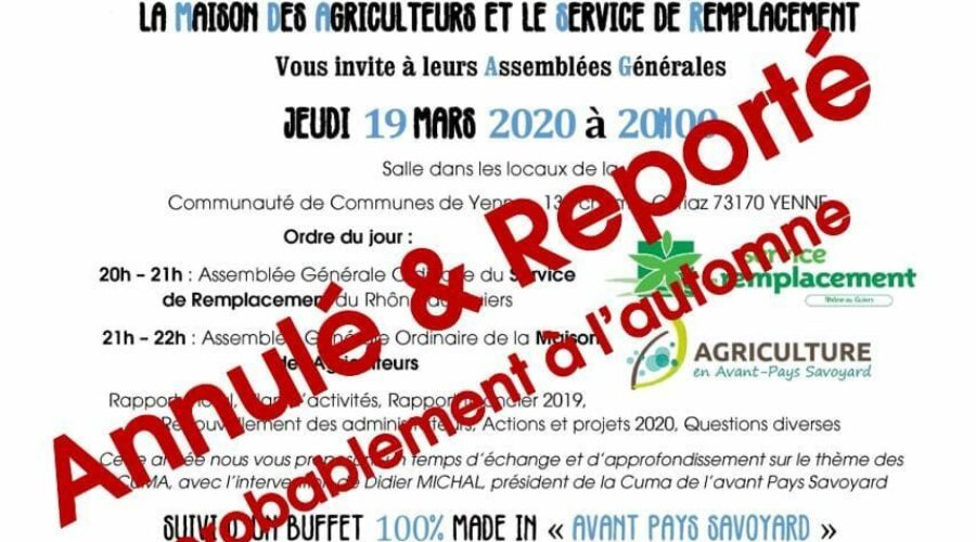 Annulation AG du Service de Remplacement et de la Maison Des Agriculteurs initialement prévues le jeudi 19 mars