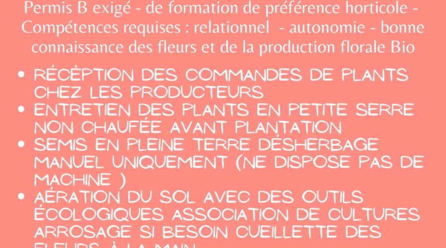 OFFRE D’EMPLOI : AGENT DE REMPLACEMENT pour production de Fleurs Comestibles