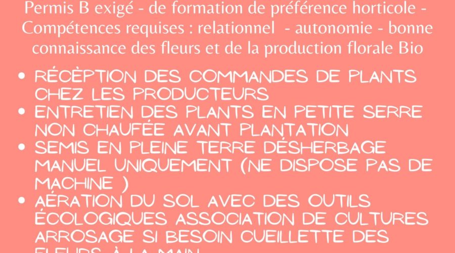 OFFRE D’EMPLOI : AGENT DE REMPLACEMENT pour production de Fleurs Comestibles